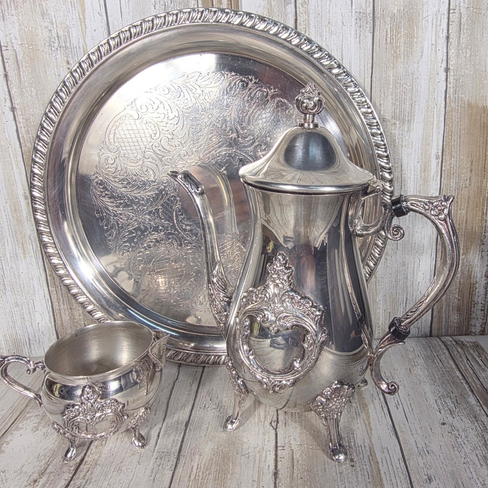 Leonard Silver Plated Tea Set 3pc Ornate Teapot Creamer and Etched Serving Tray - Picture 2 of 16